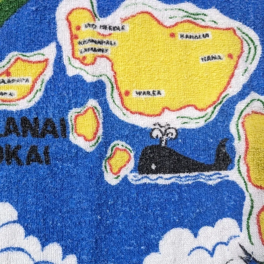 Vintage 80s Hawaii Beach Towel Tropical Island Souvenir Rainbow Graphic Map